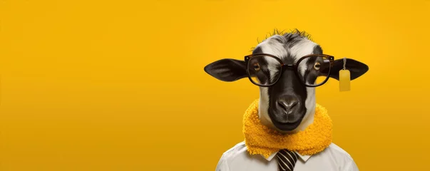 Foto op Plexiglas Funny sheep with cool glasses with colored tie.  On blue color full vivid background. © amazingfotommm