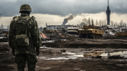 Russian soldier in front of destroyed town