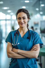 Beautiful nurse woman 36 years old in a blue scrub hair tied back on top of the head posing for photo crossing arms - obrazy, fototapety, plakaty