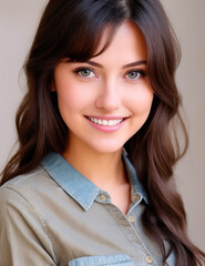 Portrait beautiful 22 years old woman wearing a beige blouse