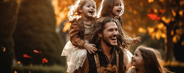 Family celebrating halloween. wide banner