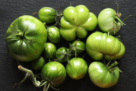 Photography of ripe green zebra tomatoes and green tomatoes on slate for food illustratiions