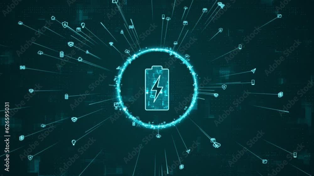 Poster motion graphic of blue digital battery logo and ring rotation around logo with ai icon spread and li