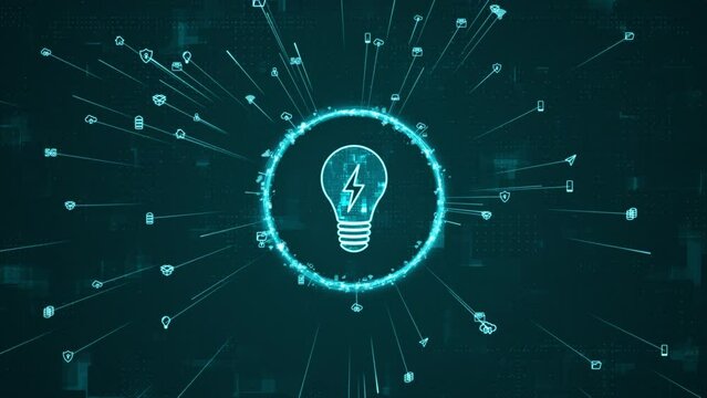 Motion graphic of Blue digital lamp logo and ring rotation around logo with ai icon spread and line linked on abstract background with lightbulb and ideas concepts