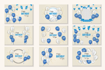 Happy birthday card with luxury blue and white balloons and ribbon. 3d realistic style