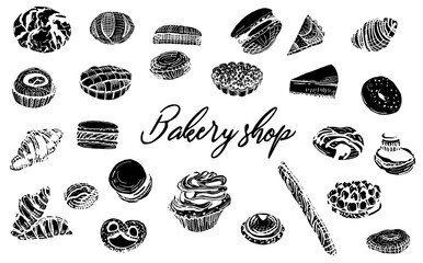 Fototapeta na wymiar Bakery shop set baguette, cakes, croissant, donuts, muffins, macaroons 