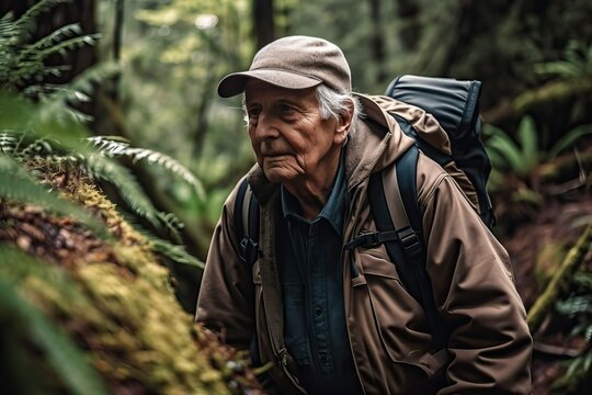 Elder hiking on scenic trail in nature, man in forest