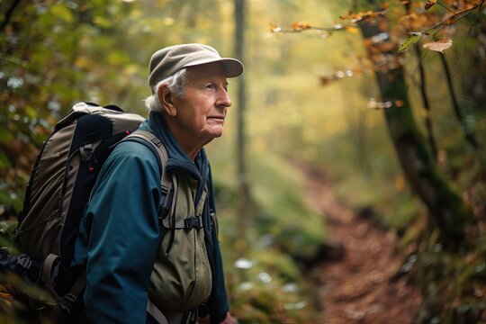 Elder hiking on scenic trail in nature, man in forest