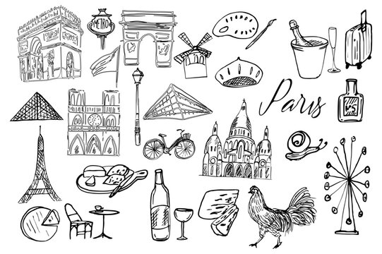 Paris objects vector set , churches, tour, metro, restaurants, cheese, wine, etc