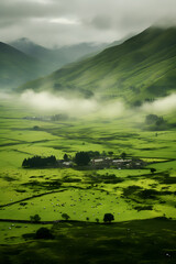 Misty Green Valley with Rolling Hills Farmland and Small Village Nestled in Lush Countryside Landscape