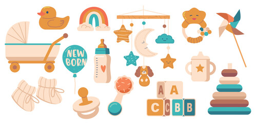 Colorful Toys And Items Designed For Babies To Engage And Stimulate Their Senses. Including Toys, Rattles