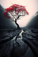 Lone Red Tree in Misty Valley with Reflection in Stream Surreal Atmospheric Landscape