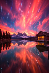 Vibrant Night Sky with Colorful Clouds Star Trails Reflected in Lake Beside Cabin and Mountain Range