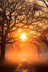 Naklejka premium Morning Sunlight Shining Through a Dead Tree in the Early Morning