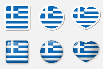 Flag of Greece icons collection. Flat stickers and 3d realistic glass vector elements on white background with shadow underneath.