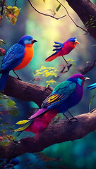 Two colorful bird with a colorful head and colorful feathers is sitting on a branch
