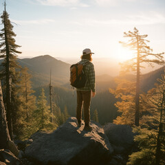 Hiker at the Top of the Mountain during Golden Hour with Vintage Vibe