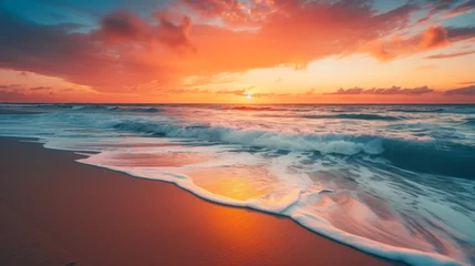 Zelfklevend Fotobehang beautiful sea evening sunset juicy orange sun and surf waves generative ai © Fukume