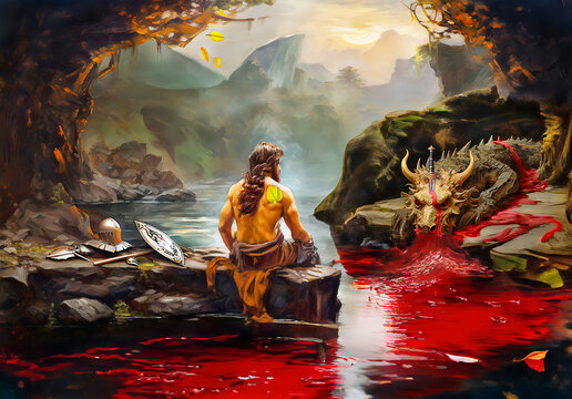 Heroic epos of Nibelung hoard. Siegfried won the fight against dragon. Generative AI