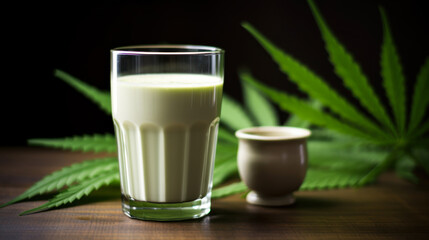 cannabis milk in glass and green leaf generative ai