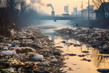 Indian river polluted with garbage and waste generative ai - obrazy, fototapety, plakaty