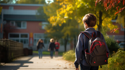 Obraz premium schoolboy with a backpack goes to school back view generative ai
