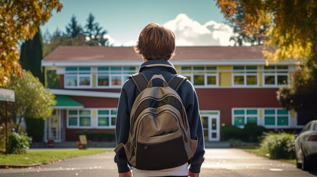 schoolboy with a backpack goes to school back view generative ai