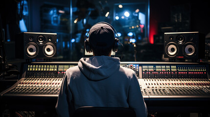 sound engineer in headphones. in recording studio generative ai