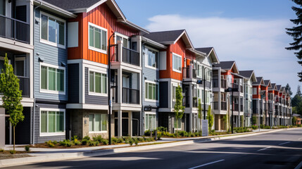 Obraz premium apartment buildings in the middle of the street, rental property generative ai