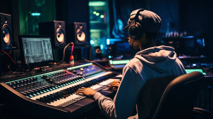 sound engineer in headphones. in recording studio generative ai