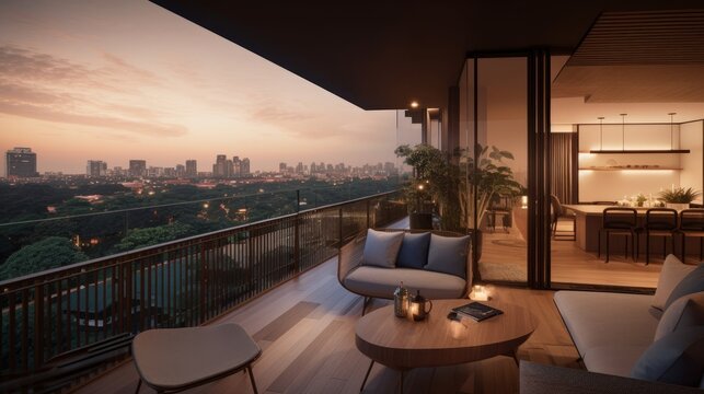 Apartment Condominium Interior Design Living Room And Balcony Terrace With Background Of Urban City Condominium Room Interior Design Background,ai Generate