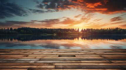 Empty wooden plate in sunset landscape. Background. Generative AI.