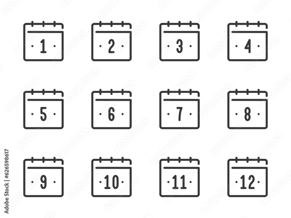 Poster calendar dates vector line icons. calendar, schedule and timetable outline icon set. days from 1 to 