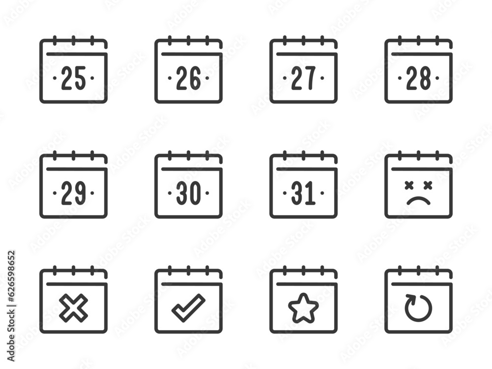 Poster calendar dates vector line icons. calendar, schedule and timetable outline icon set. days from 25 to