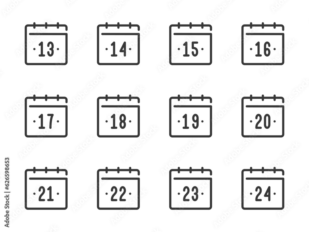 Poster calendar dates vector line icons. calendar, schedule and timetable outline icon set. days from 13 to