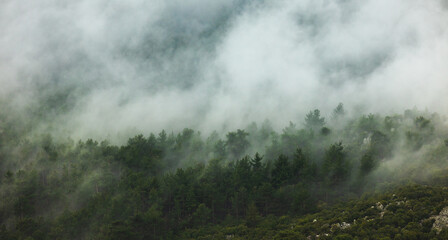 rain clouds over the forest. Mountain landscape. . Turkey.