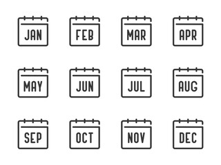 Сalendar months vector line icons. Date, Schedule and Timetable outline icon set. Short names of months from January to December. - obrazy, fototapety, plakaty