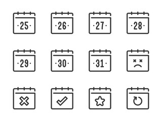 Calendar dates vector line icons. Calendar, Schedule and Timetable outline icon set. Days from 25 to 31.