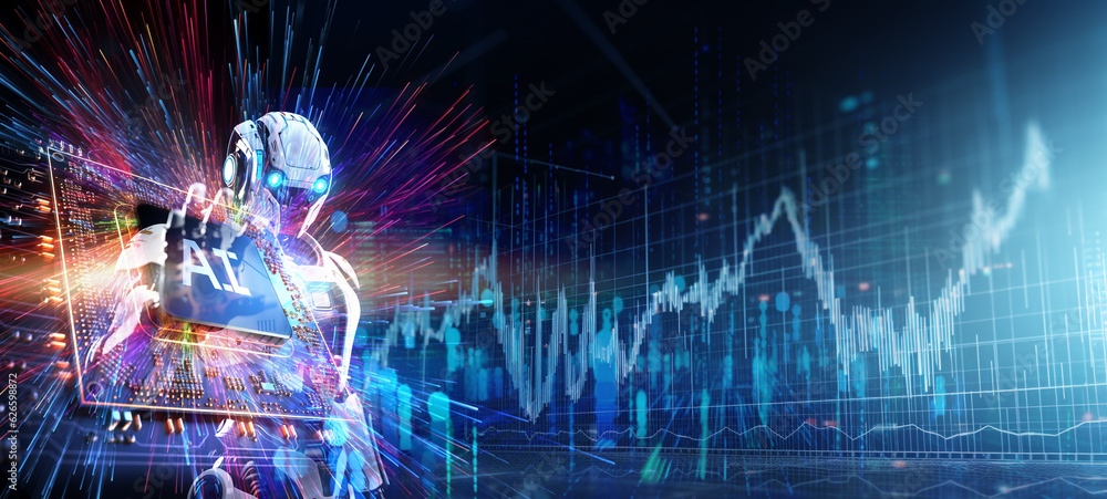 Poster concept of artificial intelligence for mechanized robot trading stock market,show ai word on microch