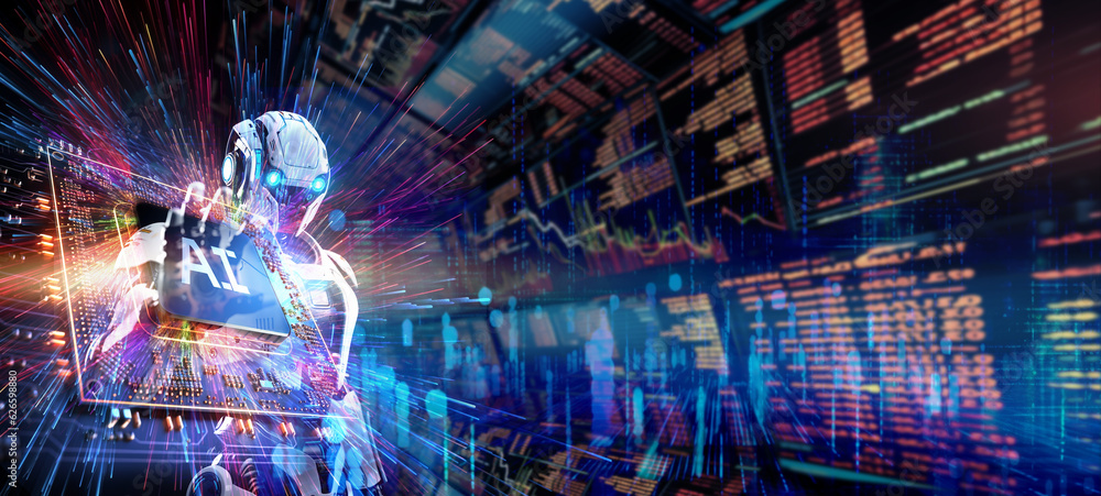 Poster concept of artificial intelligence for mechanized robot trading stock market,show ai word on microch