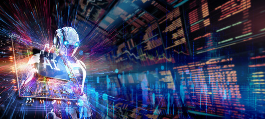 Concept of artificial intelligence for Mechanized robot trading stock market,show AI word on microchip with colorful light spread banner, Generative AI