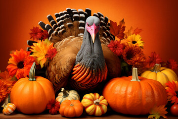 still life with turkey bird, pumpkins and autumn flowers on orange background for Thanksgiving