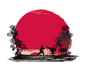 Active tae kwon do martial arts fighters combat fighting and kicking sport silhouettes illustration - 626599836
