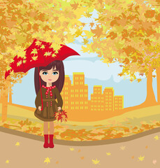 beautiful girl with umbrella on an autumn sunny day - 626599861