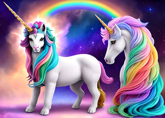 Fantasy unicorns and rainbow mesh on the background of clouds fairytale dream style,Generative AI