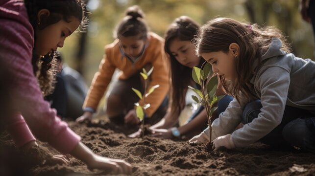 Young Girls Planting Trees. Ecological Initiative. Volunteers