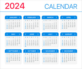 2024 Calendar - vector template gtaphic illustration - Sunday to Monday