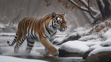 Obraz premium Single big tiger walking in a small river in the middle of winter as a symbol for danger. Generative AI.