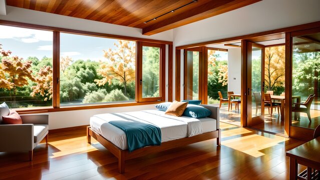 Photo of a spacious bedroom with a king-size bed and a stunning view from the large window