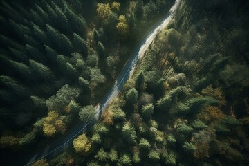 Fototapeta na wymiar Aerial view of winding forest road. Generative AI